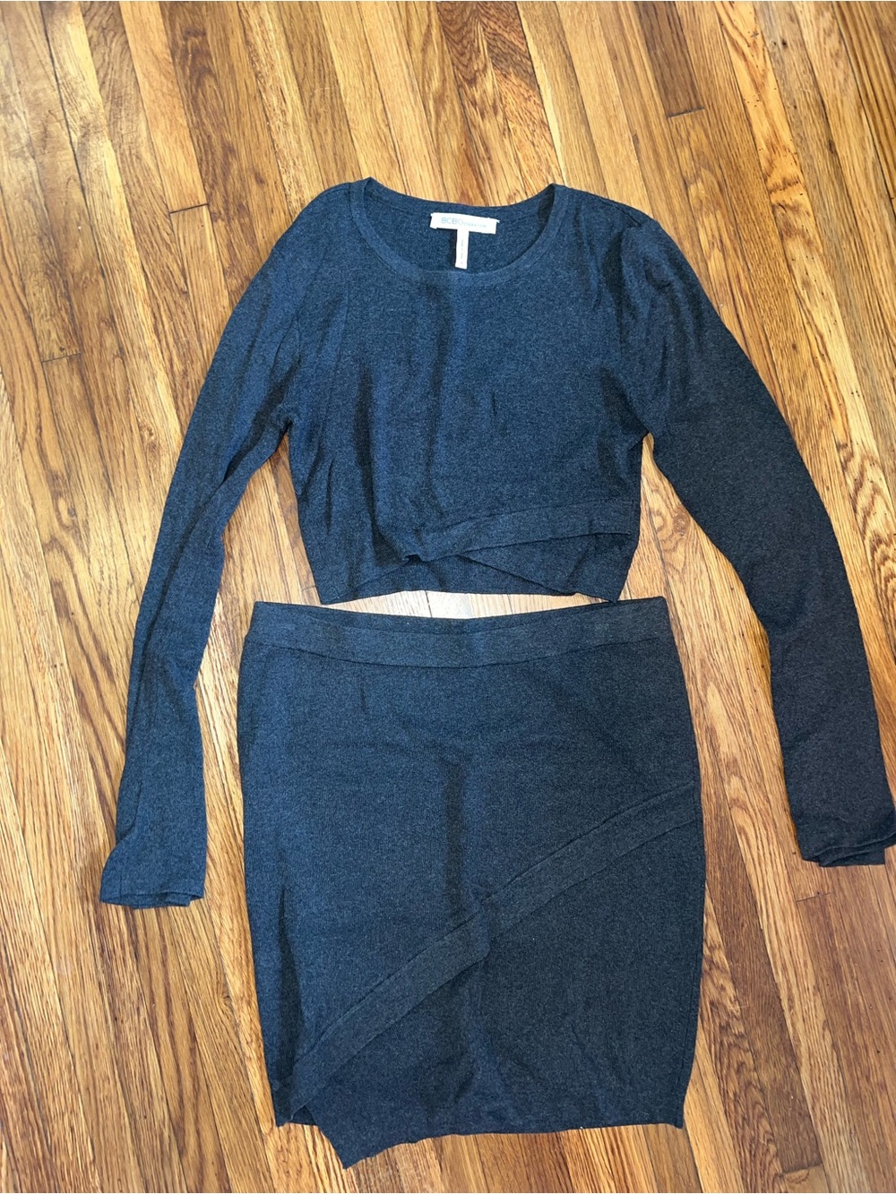 BCBGeneration Asymmetrical ribbed knit mini pencil Skirt Set with Top- Dark Grey